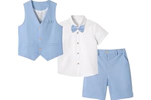 LOLANTA 4PCS Page Boy Outfit, Boys Wedding Suit, Kids Gentleman Waistcoat Shorts Suit Set, Linen Summer Waistcoat Set, Christening Ceremony Prom Birthday Partywear, Waistcoat+Shorts+Shirt+Bowtie