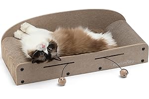 FUKUMARU 66 cm Cat Scratcher Lounge Bed, Extra Large Lounger Durable Cardboard Cats Scratcher Bed, 2 Reversible Scratching Pads for Indoor Cats, Kitten Scratch Bed Cardboard Cat Ball Toy, Beige