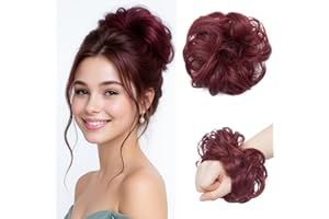 Benehair Messy Bun Hair Piece Curly Wavy Hair Scrunchies Messy Bun Scrunchie Synthetic Donut Updo Hair Pieces for Women Girls (Wine Red, 25g)