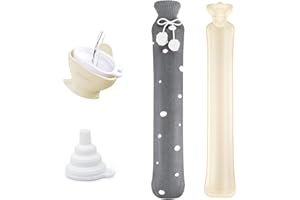 ESTCOO 73cm Wärmflasche Schlauch Lang mit Bezug Gestricktem,Wärmflasche 2 L mit Klapptrichter,Tragbare&Waschbare Strickflaschenabdeckung Wärmflasche zur Muskelschmerzen,Menstruations-Krämpfe(Weiß/Grau)