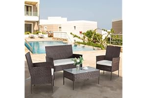 Ikodm Juego de muebles de jardín de polirratán, 7 piezas, incluye sofá, sillas individuales, mesa y cojines de asiento, muebles de jardín, color marrón