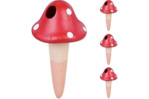 Relaxdays Tonkegel Bewässerung, 4er Set, je 110 ml, Gießhilfe Zimmerpflanzen, Pilz-Design, Tonspitzen, terrakotta/rot