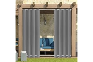 Rosnek Outdoor Curtains Waterproof,Thermal Insulated Pergola Curtain Blackout Gazebo Curtains Waterproof Windproof with Drape Eyelet Top and Bottom,Gray,52W''x 108L'',1 Panel