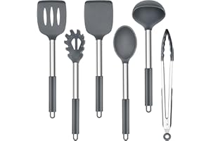 Herogo Juego de 6 utensilios de cocina de silicona, color gris, mango de acero inoxidable, resistente al calor, antiadherente, incluye pinzas, volteador, espátula, regalo ideal