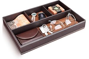 GORESE Plateau Vide Poche en Cuir, Organisateur de Tiroir Chevet et Bureau à 4 Compartiments, Boîte de Rangement Clés, Portefeuille, Téléphone, Montres, Bijoux, Argent, Boutons de Manchette (Marron)