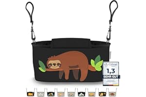 GRINSEZWERGE Pram Organiser 12 Designs with Wet Wipe Dispenser I Pram Bag Shoulder Strap I Children's Buggy Organiser I Pram Bag Storage Bag Baby Stroller Bag Black Sloth