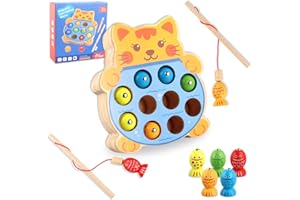WDJLNZB Magnetisches Angelspiel Holzspielzeug, Fische Angeln Spiel, Montessori Lernspielzeug, Magnetspiel Fischen Spielzeug aus Holz, Kinder Lernen Spielzeug Geschenk für3 4 5 6 Junge Mädchen (Kätzchen)