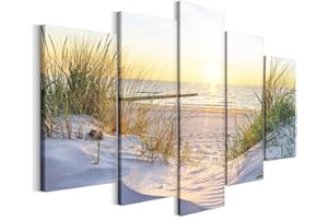 Revolio Leinwandbild Wandbilder Wohnzimmer Modern Kunstdruck Wanddekoration Deko Mehrteilige Leinwand Bilder 5 Teilig TYP A, 200 x 100 cm - Strand Gras Meer Beige Grün