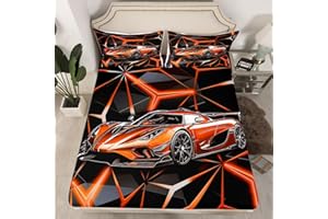 Homemissing Orange Race Car Bed Sheets Extreme Sport Fitted Sheet for Kids Boys Girls Fast and Furious Bedding Set Cool Modern Sheets Set Room 2Pcs Single Size,No Flat Sheet