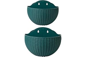 SENCC 2 macetas colgantes de ratán de imitación para colgar en la pared, macetas colgantes de semicírculo al aire libre con agujero de drenaje y ganchos, cesta colgante de jardín de plástico para valla de