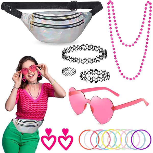 Déguisement 17 Pièces Années 80 Femme - Accessoires Fluos Style 90s Pour Fête Disco Rétro