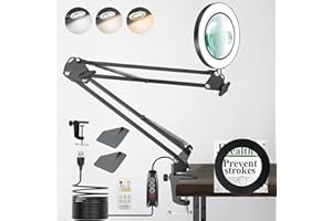 ZABOUL 10X 15X Magnifying Glass with Light, 3 Color Modes Stepless Dimmable Lighted Magnifier Clamp Lamp with Remote Control, Adjustable Arm 4.3" Glass Lens LED Magnifying Glasses for Hobbies Reading Work