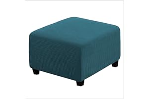Qiden Square Footstool Ottoman Plush, 10% Thicker Large Stretch Pouffe Cover Anti-Slip Foot Stool Jacquard Slipcovers With Elastic Bottom, Machine Washable-Teal Blue-Large