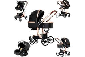 Nine point nine PU-Leder Kinderwagen 3 in 1, Kinderwagen Set mit Umkehrbarem Doppelschiebemodus, Kombikinderwagen 3 in 1 Großer Bequemer Babywanne, Kinderwagen Rahmen Aluminiumlegierung (518 Black)