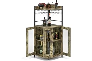 GiantexUK Corner Bar Cabinet, Industrial Wine Cabinet with Glass Holders, Adjustable Shelf & Mesh Doors, Anti-Slip Storage Display Rack for Kitchen, Living Room and Dining Room, Rust Brown
