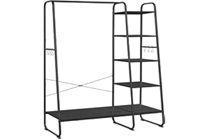 VASAGLE Stand Appendiabiti, Appendiabiti da Terra con Scarpiera, 5 Ripiani Portaoggetti, 6 Ganci Laterali, Camera da Letto, Soggiorno, Corridoio, Industriale, Nero Ebano e Nero Opaco RGR116B02