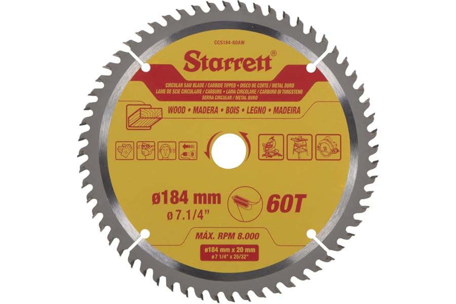 Starrett 184mm TCT Circular Saw Blade for Wood, 60-Tooth, 16/20mm Bore