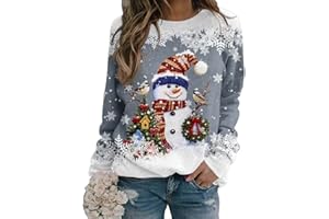 Yesgirl Pull Noël Femme Manches Longues Col Rond Rigolo Noel Pull Christmas Moche Sweat Multicolore Imprimé Bonhomme de Neige Sweatshirt Grande Taille Pullover