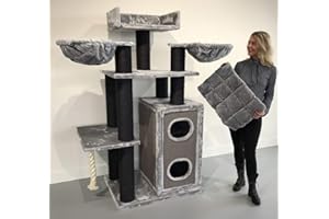 RHRQuality Griffoir pour Grands Chats - Cat Paradise – avec griffoir - Luxe Lounge Plek - Ø15cm Sisalpalen – Blackline Lichtgrijs