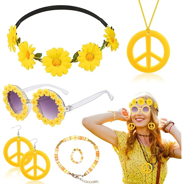 7-teiliges Hippie-Accessoire-Set Für Frauen – Mit Blumenkrone, Sonnenbrille & Schmuck