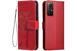 Topme Estuche de Cuero para Redmi Note 12S (6.43" Inches), [ Funda para Teléfono Estilo Patrón de Gato y árbol] - Rojo