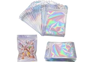 TOPCZY 50 szt. małych, zamykanych woreczków z mylaru, 10,4 x 15 cm, bezzapachowe, holograficzne torebki foliowe, folia aluminiowa, torebki z zamkiem błyskawicznym, na ziarna kawy, słodycze