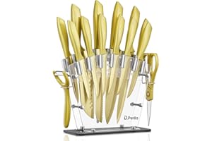 D.Perlla Couteau de Cuisines, 16 Pièces Doré Couteau à Placage de Titane, Pas de Rouille, Set de Couteaux Cuisine en Acier inoxydable à haute teneur en carbone avec Aiguiseur, Blocs Acrylique