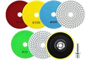 SANLEETEK Nass Diamant Polierscheiben - Diamant Polierpad 6 Stücke 100mm Körnung 50x2/100/200/400/800 mit M14 Stützteller+Adapter für Granit Marmor Kunststein Quarz für Winkelschleifer