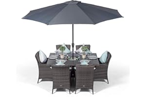 GIARDINO Savannah Rattan Dining Set | Rectangle 6 Seater Grey Rattan Table & Chairs Set with Ice Bucket Drinks Cooler | Outdoor Poly Rattan Garden Dining Furniture Set with Parasol & Cover