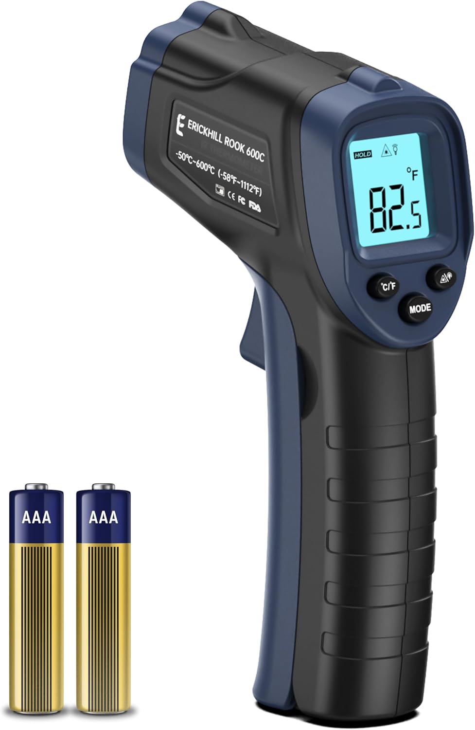 ERICKHILL Infrared Thermometer -50℃~600℃ Compact Size Non-Contact Laser Thermometer Gun LCD Backlit Digital Display Adjustable Emissivity - for Vehicle Repair/Cooking/BBQ/Freezer/Food, Black Blue