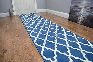 SrS Rugs® Luna Collection, Modern Long Carpet Runner Rug for Entrance Hall and Stairs. Smooth Soft 8mm Depth Pile. 70cm Wide. Any Length (Blue Trellis, Length: 7' (213cm))
