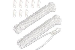 Jognee 24 meter flaggstångsrepp med 8 flagghaken, diameter 6 mm flaggstångsrepp väderbeständigt och UV-beständigt, vitt nylon flaggsnöre flaggstångsrepp set för trädgård, hem, tält, utomhus, camping