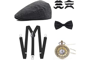 WAGOOG 1920s Gangster Set Gatsby Fancy Dress Accessories, Men Costume Kit with Panama Hat, Adjustable Elastic Suspenders, Bow Tie, Moustaches Set and Vintage Pocket Watch