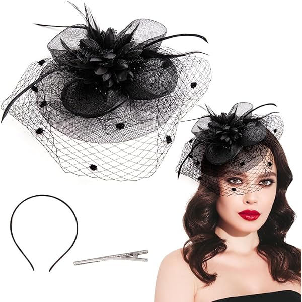 Chapeau De Cocktail à Sequins Noirs Avec Voile En Forme De Cage, Années 1950 En Vente Sur