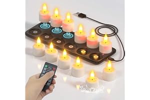 SoulBay Akumulatorowe podgrzewacze, 12 szt., wodoodporne, bezpłomieniowe, elektryczne świeczki tealight LED, migoczące z pilotem czasowym, stacja ładująca do łazienki, domu, pokoju, Halloween,