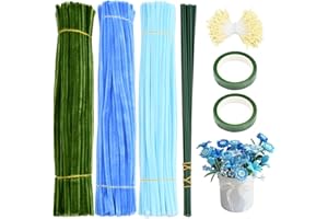 Amexo 300pcs Pipe Cleaners for Craft, Blue Tulip Pipe Cleaner Set, Flexible Tulip Bouquet Pipecleaners for Home Decoration with 400 Flower Stems, 20 Green Florist Wire, 2 Florist Tape