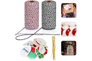 DECARETA 2 Rollen Baumwolleschnur 100 m Baumwolle Schnur Bastelschnur Geschenkverpackung Dekokordel Schnur Weihnachtsschnur mit 10 Stück Weihnachtskarten für DIY Handwerk Weihnachten Geschenkband