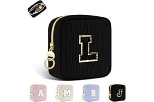 Personalisierte Kosmetiktasche Kleine Make up Tasche Cord Schminktasche Damen Tragbare Reise-Kulturbeutel für Toilettenartikel Organizer Personalisierte Initialen Geburtstag für Mädchen Schwarz L
