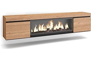 Skraut Home | Mobile TV Soggiorno | Ampio spazio a disposizione | 210 | Per TV fino a 80" | Camino elettrico XXL | Sospeso, da appendere | Stile moderno | Rovere
