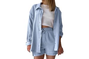 AEGJEGVD Zweiteiler Damen Sommer Musselin Bluse Hemd und Shorts Clothes Aesthetic Zweiteiler Lounge Set Strand Outfit Set Two Piece Set Women Große Größe
