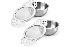 SULIVES 2-Pack Tea Strainers, Stainless Steel Fine Mesh with Drip Bowls - Loose Leaf Tea Filter