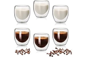 Pmueuff Tazzine Caffe Vetro, 6 Pezzi Bicchierini Caffè Vetro 80ml, Tazza da Caffè in Vetros a Doppia Parete Isolata, Tazzine Caffe Vetros per Cappuccino Strato Latte tè Macchiato Tè (80ML)