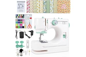 AISCHENS Machine à Coudre Électrique Portable avec Pied à Double Aiguille Amovible, 12 Points Réglables, Kit Complet (20 Tissus Fleuris, Pédale & 60+ Accessoires) pour Débutants, DIY et Réparations