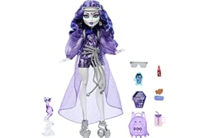 Monster High Spectra Vondergeist Lalka + zwierzątko Rhuen oraz akcesoria, takie jak plecak, „tablet” i „przekąski”, HXH77