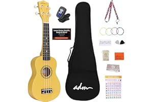ADM Set de ukelele soprano para niños y principiantes, kit de iniciación con bolsa, afinador enganchable, cuerdas arcoíris, correa colorida, púa, calcomanías para clavijas, tarjeta de acordes