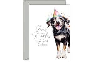 GIFTZIE Birthday Cards for Godson - Party Hat Dog - Happy Birthday Card for Godson from Godfather Godmother, A5 Bday Gifts Greeting Cards for Boys Him
