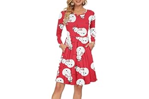 AUSELILY Women's Long Sleeve Pleated Loose Swing Casual Dress with Pockets Knee Length