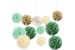 SALADOCY 12 Pompon in Carta Velina, Verde Smeraldo, Crema Avorio, Verde Chiaro, Decorazioni per Matrimoni, Compleanni, Addii al Nubilato, Lauree, Decorazioni per Festival