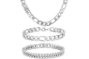 Aospkle Männerschmuck Edelstahl Kette Geschenk für Männer 3-teiliges Figaro-Halsketten-Armband, kubanisches Armband, robuste Figaro-Kette aus mit kubanischen Gliedern für Herren,18/21/23 cm