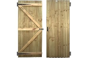 PREMIER GARDEN SUPPLIES Flat Top Wooden Garden Gate 6x2.5ft - Feather Edge Semi-Braced Treated Timber Door + Ring Latch Hinge Pack, H:6ft x W:2.5ft Ideal for Outdoor Pathway Home Access (High: 180cm x Wide: 75cm)